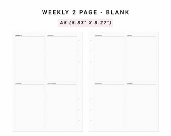 May include: A blank weekly planner with a two-page spread. The planner is divided into seven sections for each day of the week. The planner is A5 size, which is 5.83 inches by 8.27 inches.