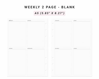 Week on 2 Two Pages A5 Planner Inserts , Weekly Agenda Vertical Weekly Planner,Weekly Printable Planner Undated,Printable Weekly Layout