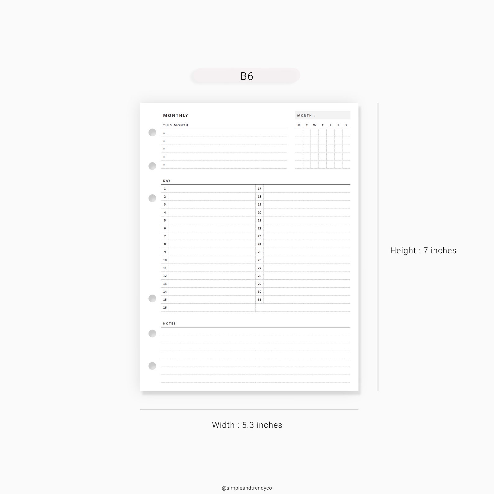Monthly Overview Printable B6 Size Month on a Page Month at | Etsy Canada