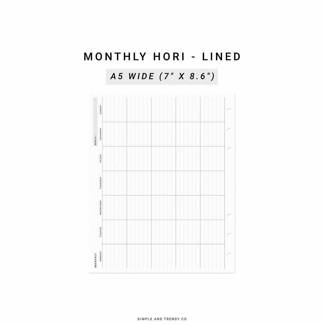 Month on one page horizontal printable mo1p a5 wide etsy