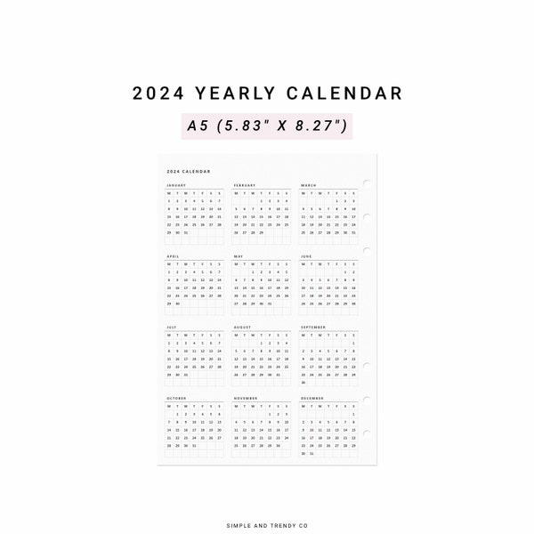 Printable 2024 Calendar Yearly Etsy