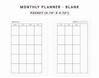 May include: A blank monthly planner insert for a pocket-sized binder measuring 3.19 inches by 4.72 inches. The white paper features black grid lines, headers for days of the week from Monday to Sunday, and six circular holes along the inner edge.