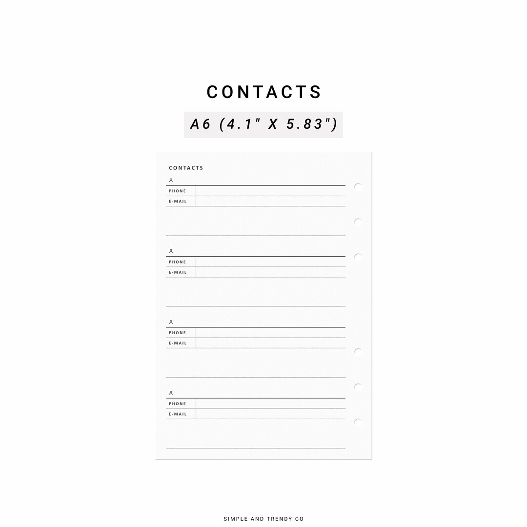 Printable Contacts List A6 Inserts, Emergency Contacts, Contact ...