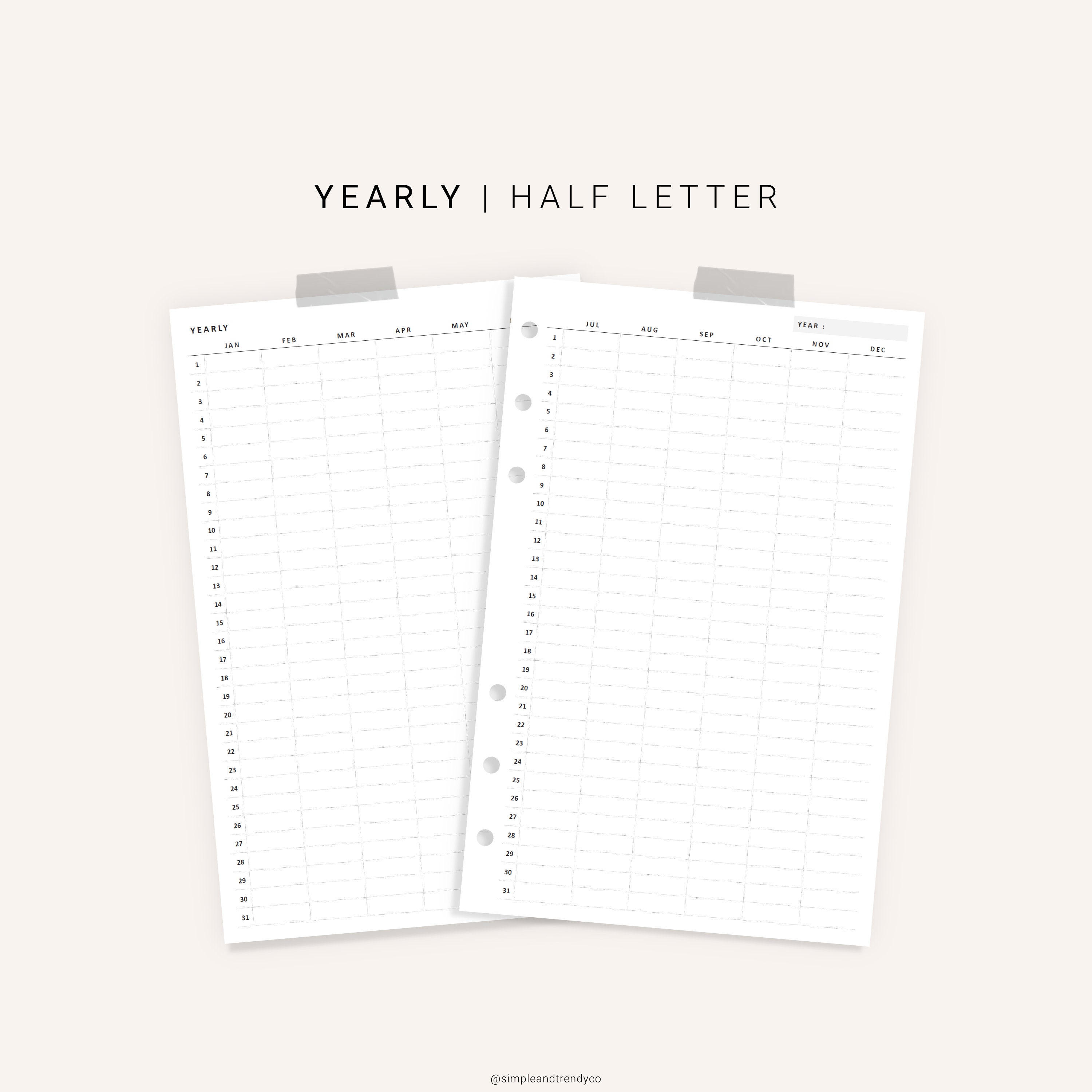 Yearly Vertical Planner 2 Page Half Size Half Letter Inserts | Etsy