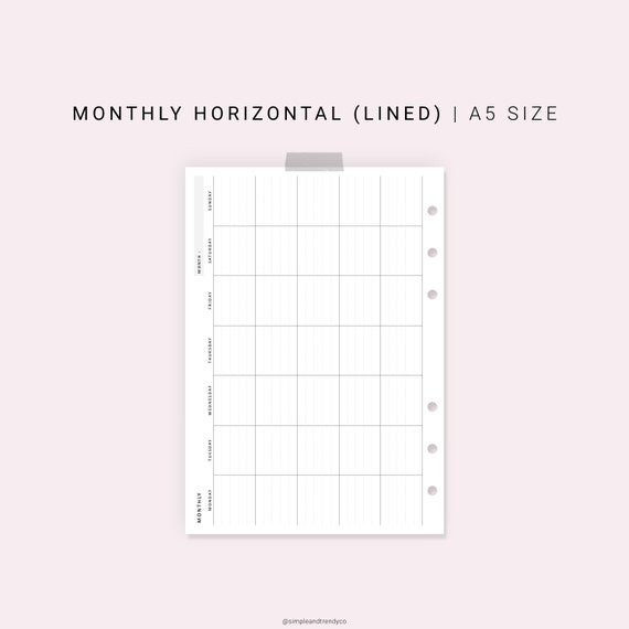 Month on One Page Horizontal Printable MO1P A5 Planner Inserts | Etsy