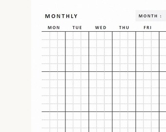 May include: A white monthly planner page featuring black text and grid lines. The header displays the word MONTHLY and a field labeled MONTH:. Below, the days of the week from Monday to Friday are listed above a grid of vertical columns.