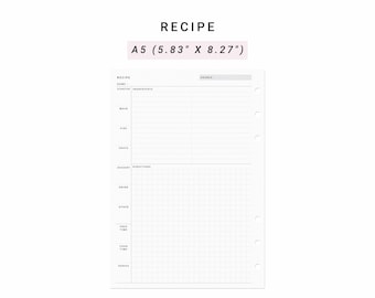 May include: A printable recipe template in A5 size, measuring 14.8 cm by 21 cm. The template is divided into sections for recipe name, source, ingredients, directions, prep time, cook time, and servings. The template has a grid pattern for writing directions.