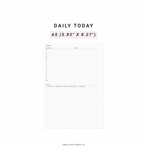 May include: A white A5 daily planner insert measuring 5.83 inches by 8.27 inches with black text. The page features a schedule section from 7 to 10, a notes column, and a tasks section with symbols for completed, forwarded, deleted, delegated, and in progress.
