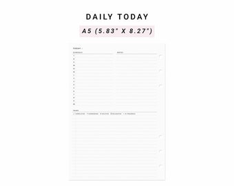 May include: A white A5 daily planner insert measuring 5.83 inches by 8.27 inches with black text. The page features a schedule section from 7 to 10, a notes column, and a tasks section with symbols for completed, forwarded, deleted, delegated, and in progress.