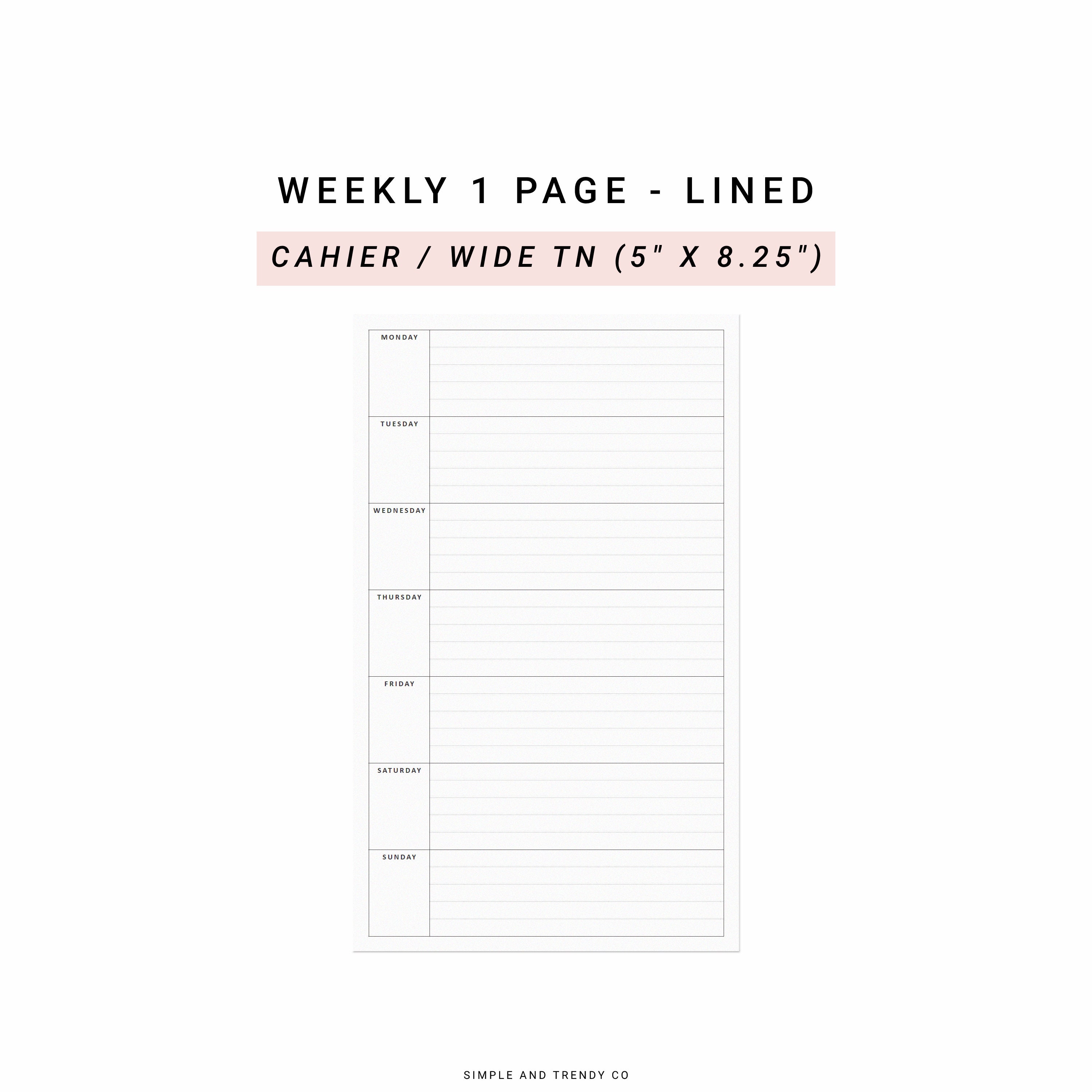 Week on One Page, Weekly Planner Pages, Printable TN Wide Cahier, Weekly  Schedule, Weekly Planner Agenda, Traveler's Notebook Insert 
