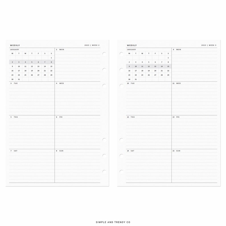 2023 Week on One Page Printable A5 Planner Inserts Weekly 1 Etsy