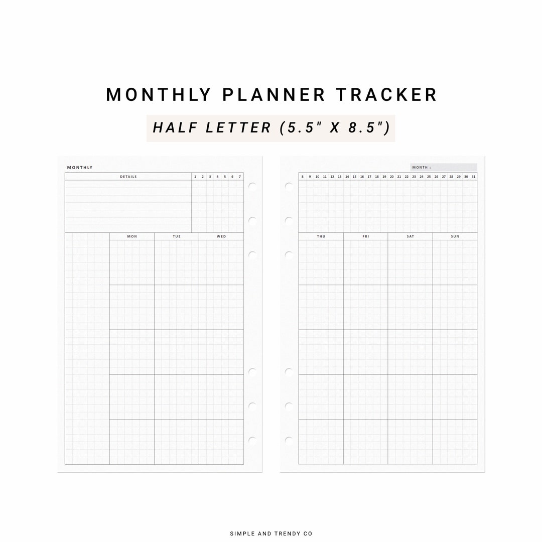 Monthly Planner Printable Half Size Half Letter Inserts, Undated ...