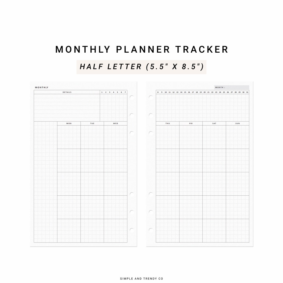 Monthly Planner Printable Half Size Half Letter Inserts - Etsy