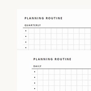 Op de afbeelding: Een witte papieren plannerpagina met twee secties getiteld PLANNING ROUTINE. De bovenste sectie is gelabeld QUARTERLY en de onderste sectie DAILY. Beide secties bevatten een raster met opsommingstekens voor het bijhouden van taken.