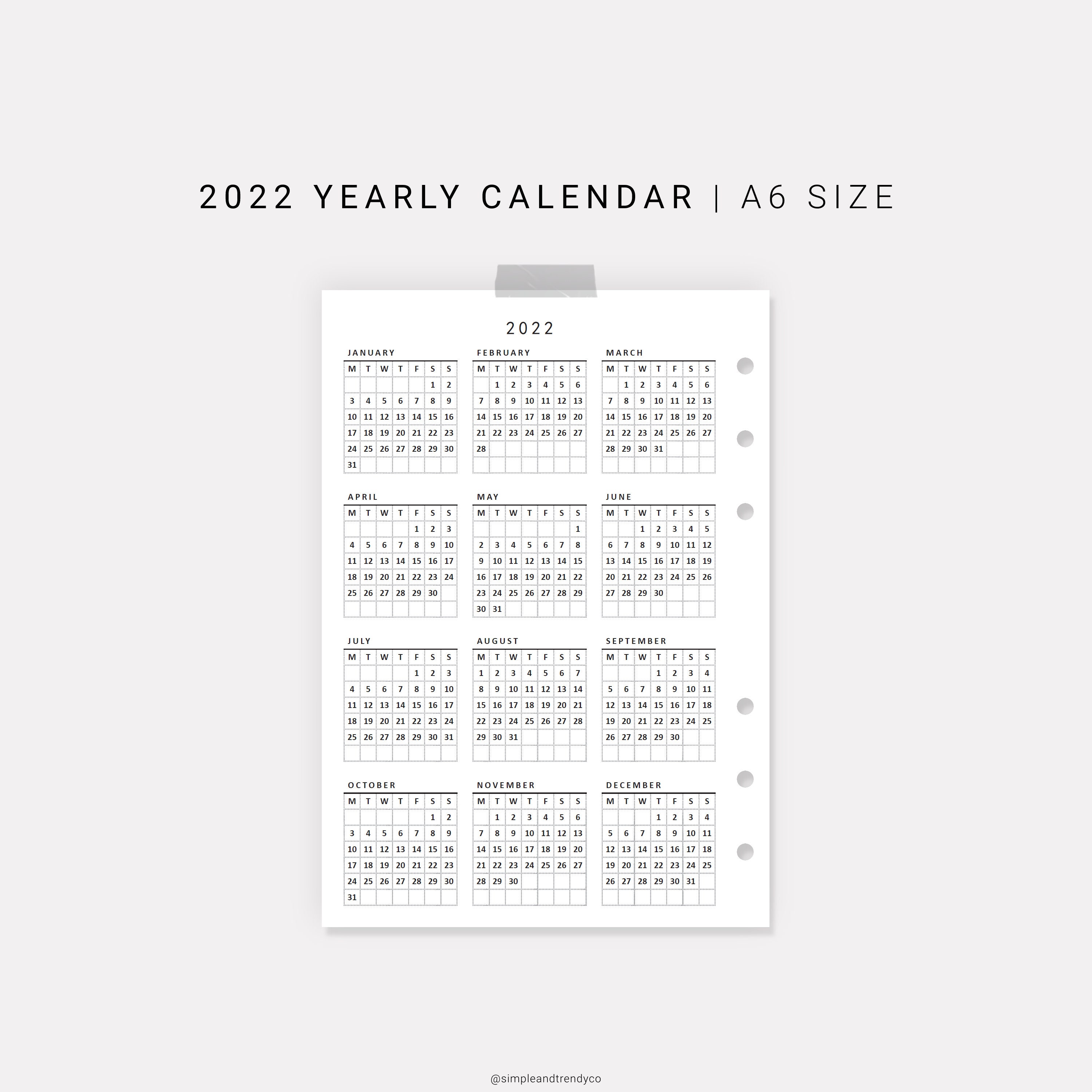 a6 inserts calendar printable 2022 calendar sunday monday etsy new zealand