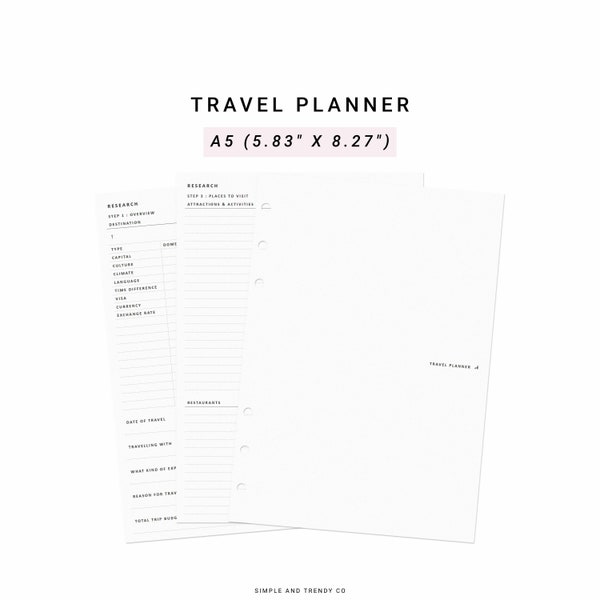 Travel Planner Printable A5 Planner Inserts, Family Vacation Travel Packing List, Trip Planning Vacation Planner, Trip Itinerary Vacation