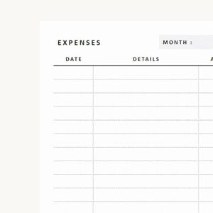 Peut inclure: Une feuille de suivi des dépenses blanche avec du texte noir comprenant les en-têtes EXPENSES et MONTH. La mise en page inclut des colonnes intitulées DATE, DETAILS et un en-tête partiel, avec des lignes pointillées horizontales.