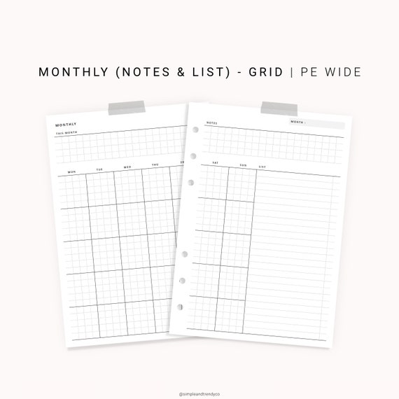 Monthly Planner Personal Wide Printable Monthly Notes | Etsy