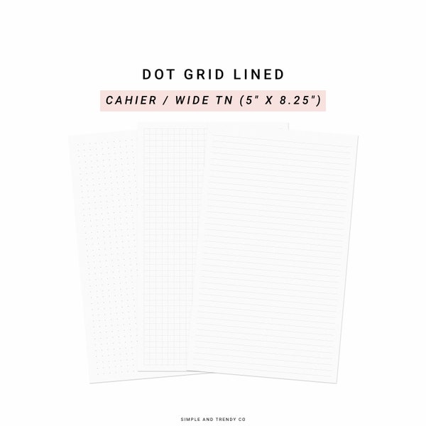 Dot Grid Lined Paper TN Wide Cahier, Printable Writing Paper Notes, Study Note Template, Notes Taking, Traveler's Notebook Insert