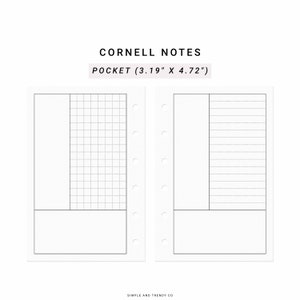 Könnte beinhalten: Zwei weiße Planereinlagen aus Papier mit jeweils sechs Ringbuchlocherungen an den Außenrändern. Der Text lautet CORNELL NOTES POCKET (8,1 cm X 11,99 cm). Jede Seite zeigt eine breite linke Spalte, einen karierten oder linierten Bereich und ein Feld.