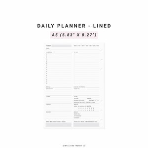 Daily Planner A5 Planner Inserts Minimalist Printable, Day Planner Productivity Planner Work Planner, Lined Layout