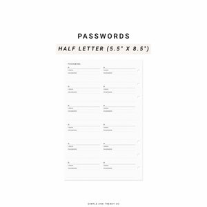 Printable Password Log Half Size Half Letter Inserts, Password Keeper Password Organizer ...