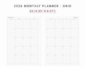 2026 Monthly Planner Minimalist Printable, A5 Planner Inserts