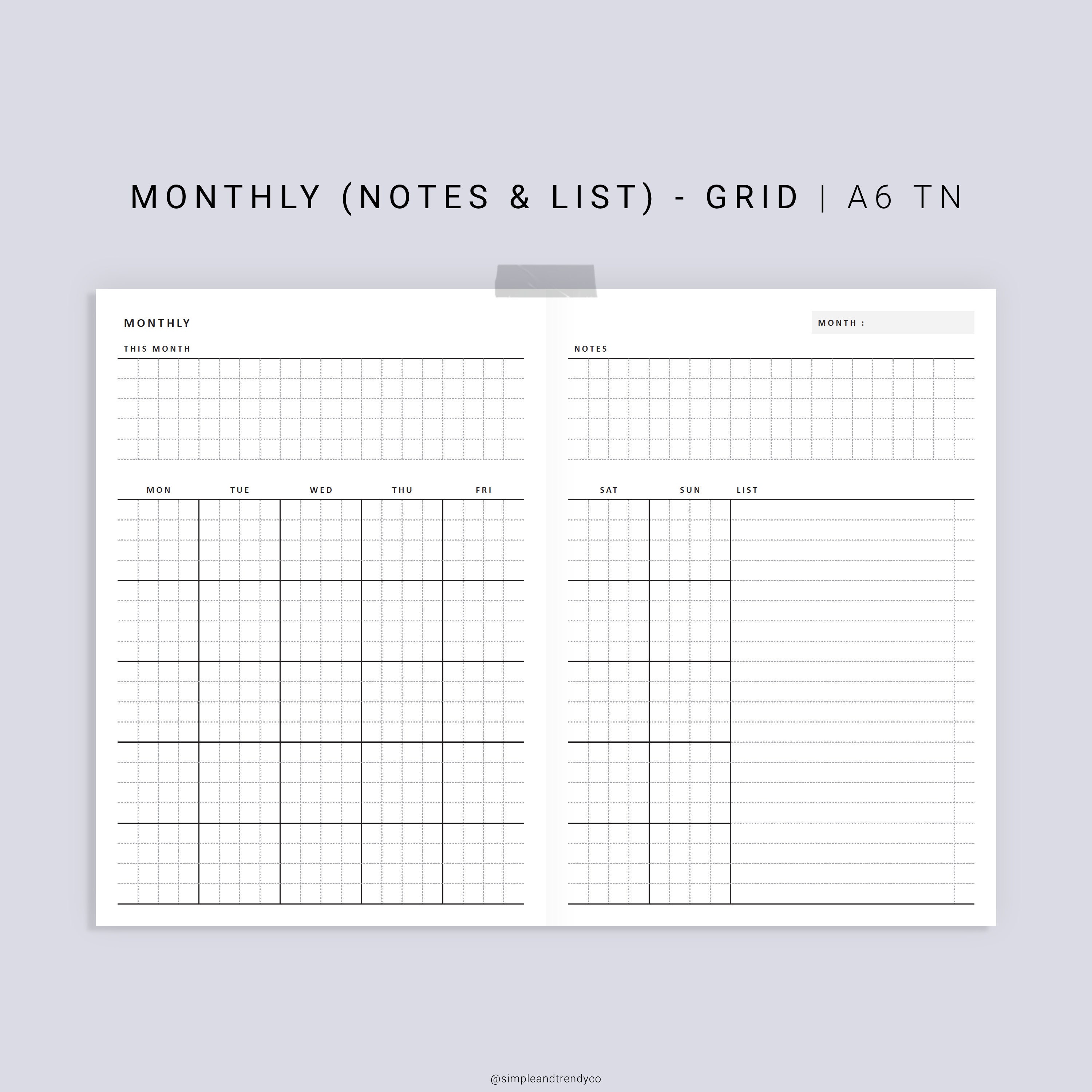 Monthly Planner A6 TN Printable Monthly Notes Monthly To Do | Etsy