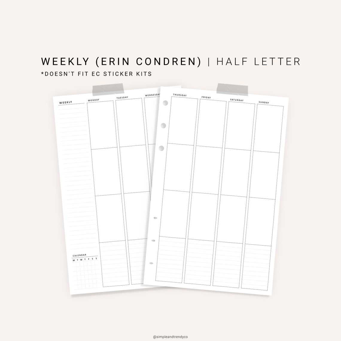 Weekly Planner Erin Condren Inserts Undated Printable Half | Etsy