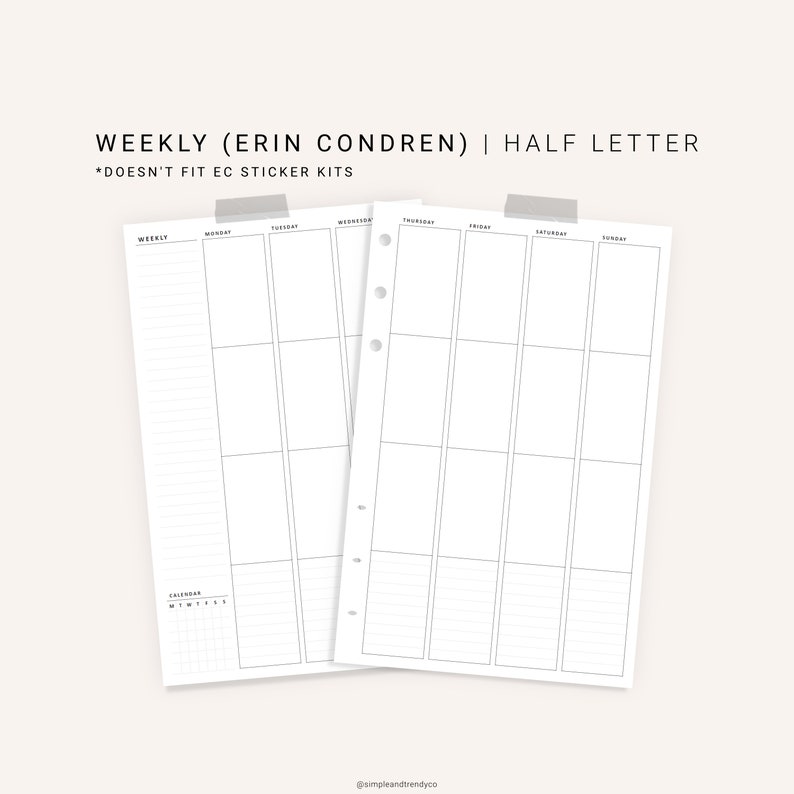 Weekly Planner Erin Condren Inserts Undated Printable Half | Etsy
