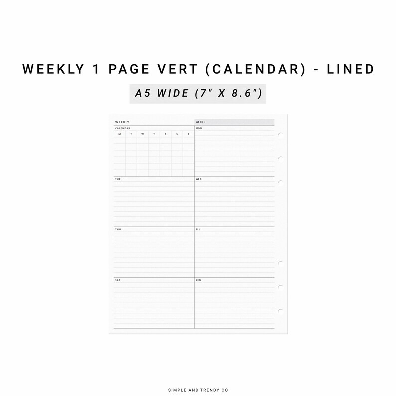 Week on One Page Printable A5 Wide Weekly 1 Page Vertical - Etsy