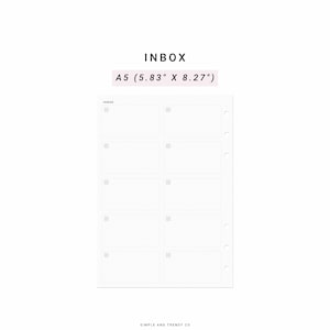 May include: A printable A5 (5.83" x 8.27") planner page with the word "INBOX" at the top and five blank boxes with checkboxes on the left side and a dotted line on the right side.