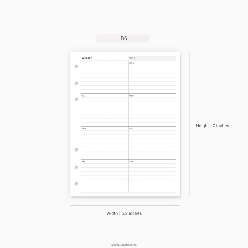Week on One Page Printable B6 Inserts Weekly 1 Page Vertical | Etsy