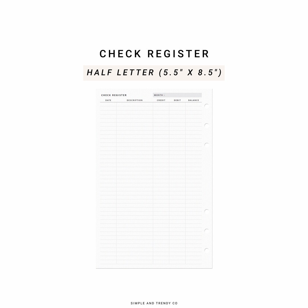 Checking Register Half Size Half Letter Inserts, Checkbook Register ...