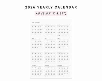 2026 Calendar A5 Planner Inserts, 2026 Year At A Glance, 2026 Yearly Calendar Refills