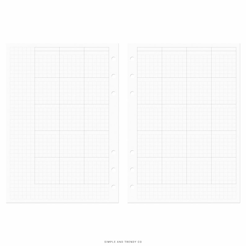May include: Two white planner pages with a grid pattern. Each page has a series of rectangular boxes for scheduling. The pages are designed to be inserted into a binder. The bottom of the page has the text "SIMPLE AND TRENDY CO."
