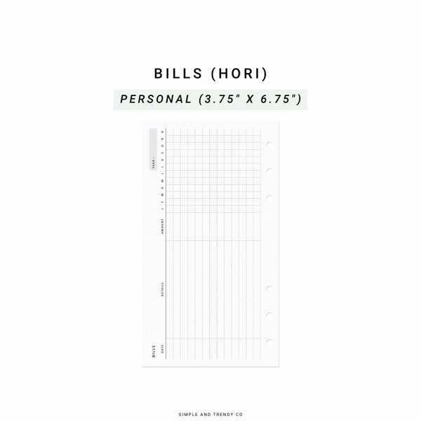 Bill Tracker Horizontal Printable Personal Planner Inserts, Monthly Bill Payment Tracker, Annual Bill Tracker,Bills Checklist Bill Organizer