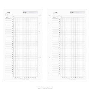 May include: Two white planner inserts for sleep tracking, each featuring a grid layout with columns for days 1 through 31 and rows for total hours 1 through 12. The pages include headers for sleep, goal, month, and notes, with six binder ring holes.