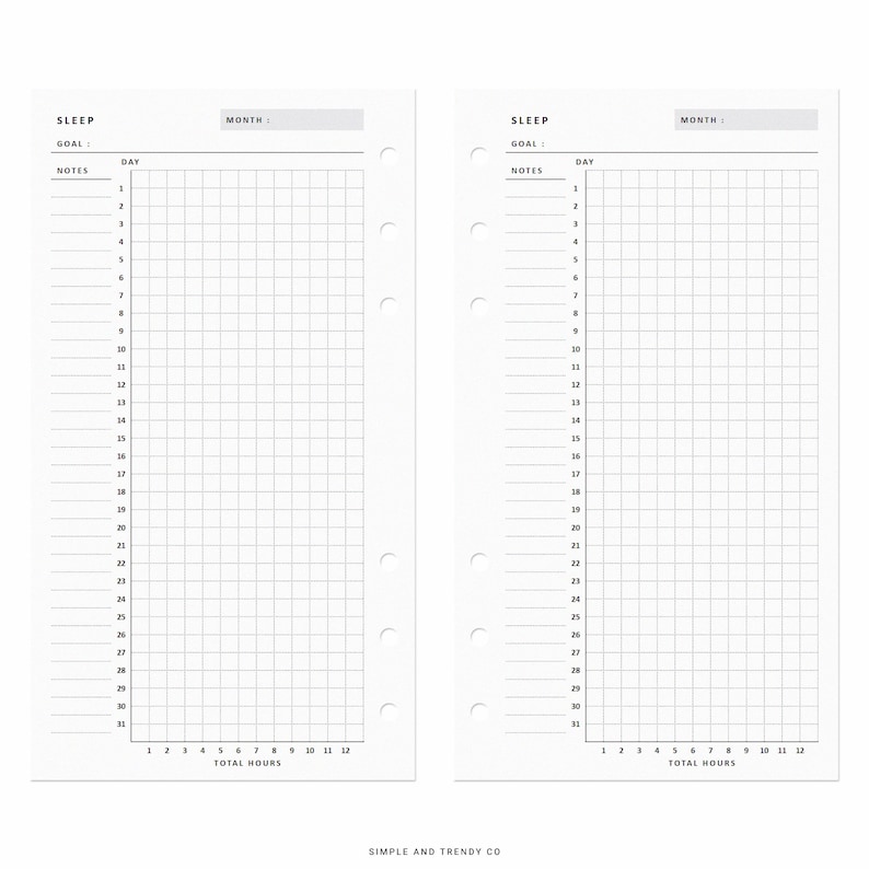 May include: Two white planner inserts for sleep tracking, each featuring a grid layout with columns for days 1 through 31 and rows for total hours 1 through 12. The pages include headers for sleep, goal, month, and notes, with six binder ring holes.