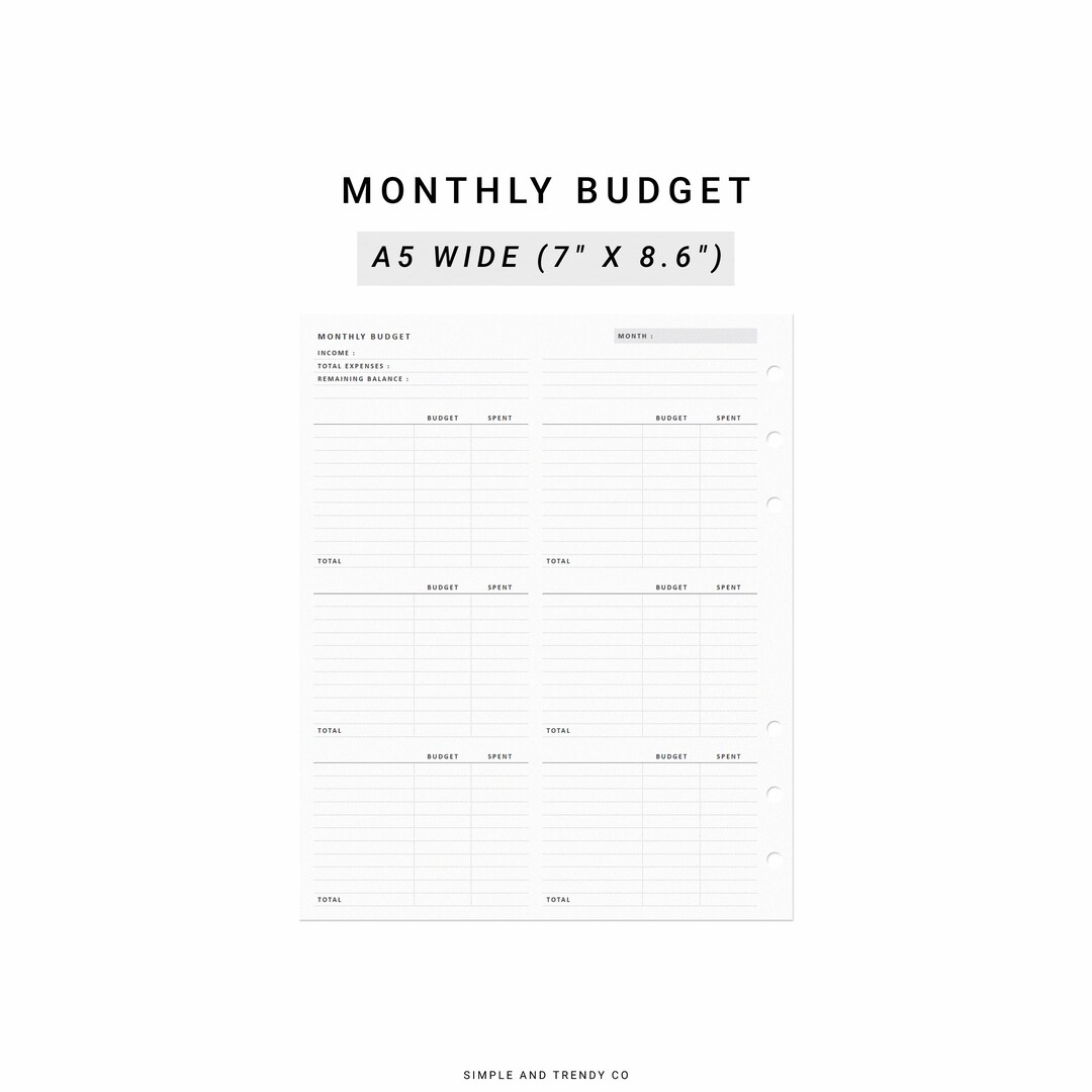 A5 Wide Budget Planner Printable, Monthly Budget Template Printables ...