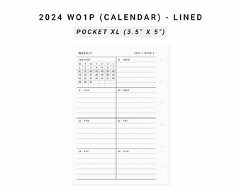 2024 Week on One Page Printable Pocket XL size, Weekly 1 Page Vertical Weekly, Weekly Planner Pages