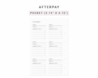 May include: A white pocket-sized planner insert measuring 3.19 inches by 4.72 inches, featuring black text and lines for tracking Afterpay purchases. The layout includes sections for shop name, total, and amount due with circular checkboxes.
