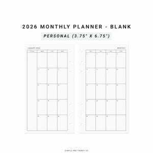 May include: A blank 2026 monthly planner with a personal size of 3.75" x 6.75". The planner features a simple layout with boxes for each day of the month. The text "2026 MONTHLY PLANNER - BLANK" is at the top.