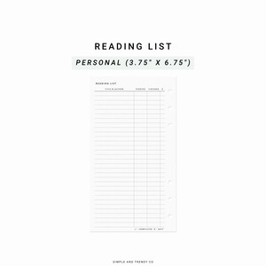 Reading List, Printable Personal Planner Inserts, Book List, Reading Planner, Reading Tracker, Reading Log, Book Tracker, Book Log