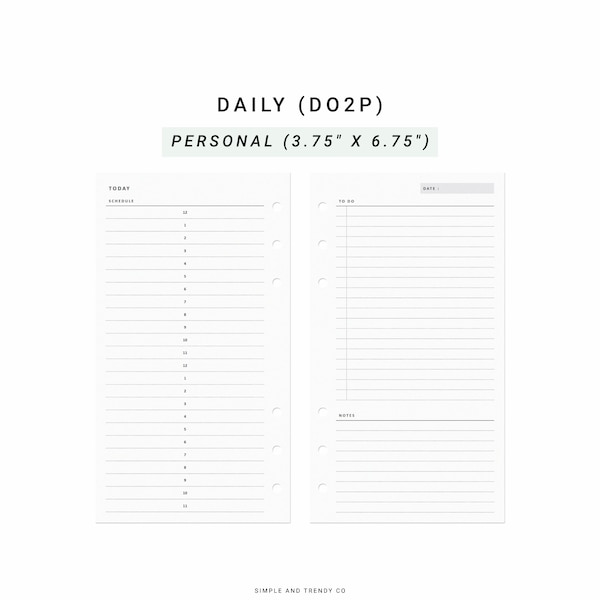 Daily Planner Printable Personal Planner inserts, Daily Schedule, Daily on 2 Pages, DO2P