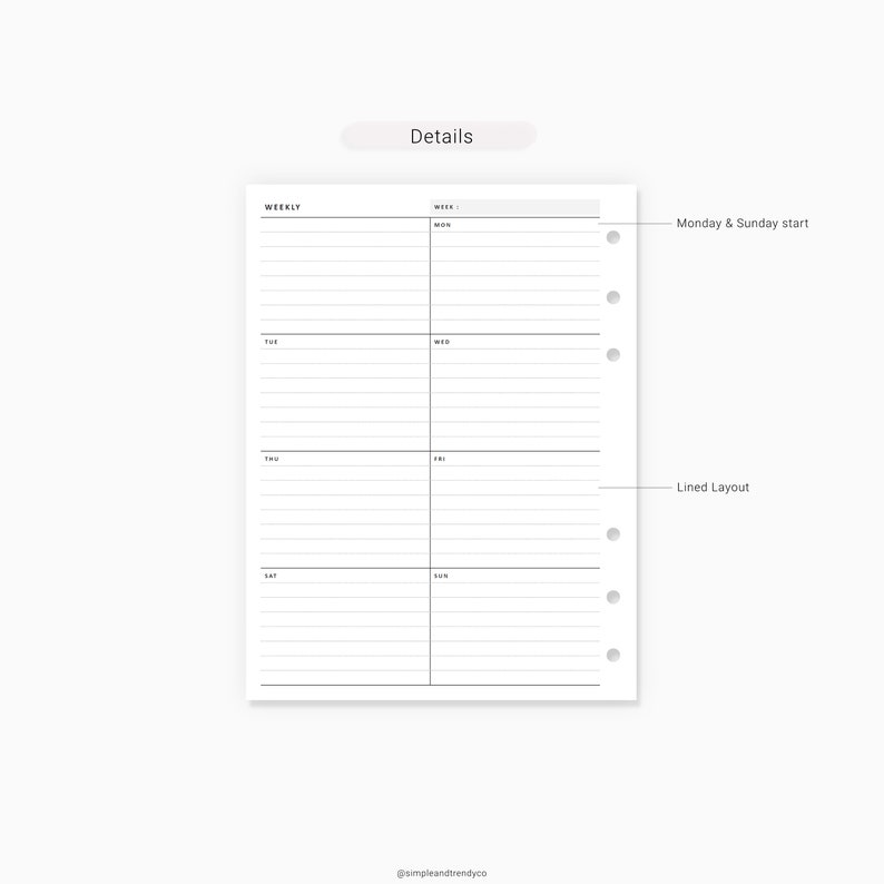 Week on One Page Printable B6 Inserts Weekly 1 Page Vertical | Etsy