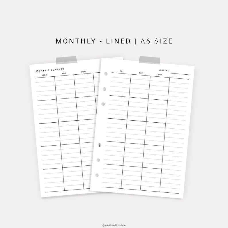 Monthly Planner Printable Minimalist Planner A6 Inserts Etsy