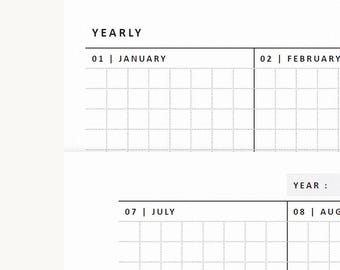 May include: A white paper planner page with black text and grid lines. The top section is labeled YEARLY and shows months 01 JANUARY and 02 FEBRUARY. The bottom section includes the text YEAR: and shows months 07 JULY and 08 AUGUST.