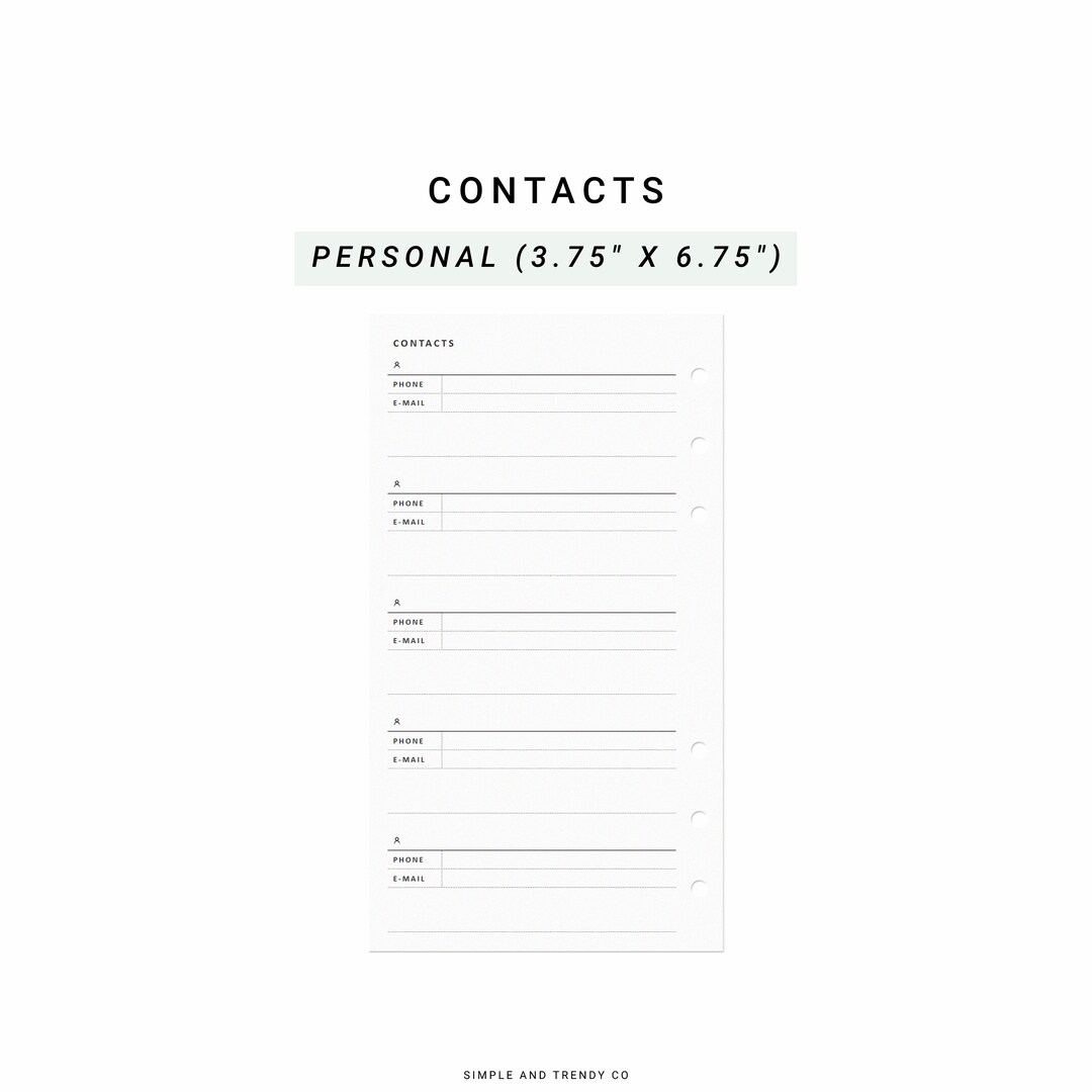 Printable Contacts List Personal Planner Inserts, Emergency Contacts, Contact Information Sheet ...