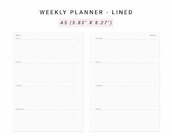 May include: A white A5 weekly planner insert measuring 5.83 inches by 8.27 inches with black text. The layout features lined sections for Monday through Sunday, a notes section, and six circular punch holes along the inner edge of each page.